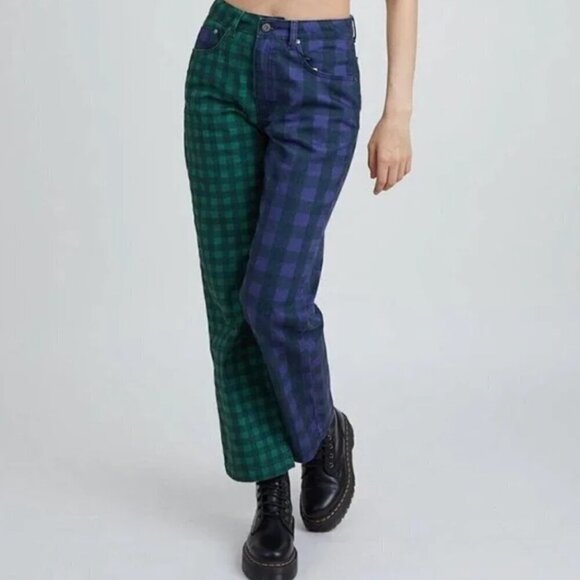 The Ragged Priest Denim - The Ragged Priest Jeans Hyde Straight Leg Split Check Print Green Purple SZ 26